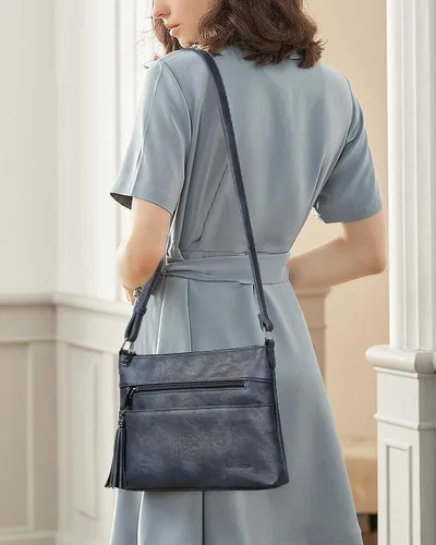 Vista 2 de MASINTOR Bolsos cruzados para mujer, bolso cruzado ligero y mediano, de cuero suave, bolsos de hombro para mujer con borla, Gris azul, Bandolera