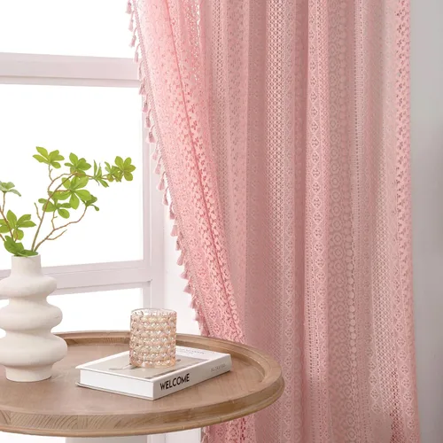 Vista 35 de WAZZIO Cortinas de Encaje, Cortina Boho de Crochet para Dormitorio, Cortinas de Café de Algodón, 45 Pulgadas de Largo, 2 Paneles con Bolsillo