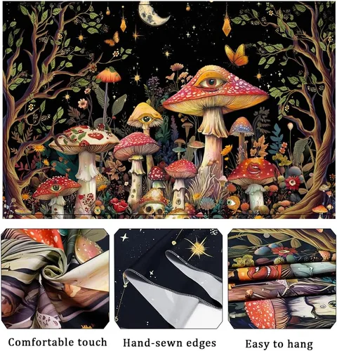 Vista 5 de Generleo Tapiz de hongos con luz negra, tapiz floral de plantas hippie reactivas a los rayos UV, tapices de luna de árbol malvado de ojo, decoración
