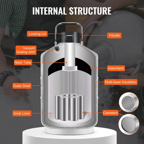 Vista 4 de VEVOR Tanque de Nitrógeno Líquido, Contenedor de Nitrógeno Líquido de Aleación de Aluminio de 3 L, Tanque Dewar de LN2 con 6 Botellas y Bolsa