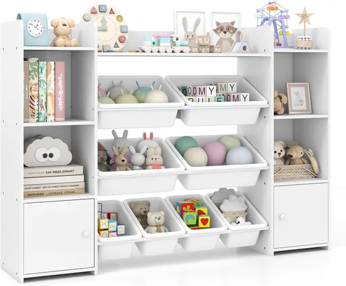 Vista 10 de HONEY JOY Organizador de almacenamiento de juguetes para niños, armario de almacenamiento de piso de madera con 8 contenedores extraíbles, estante