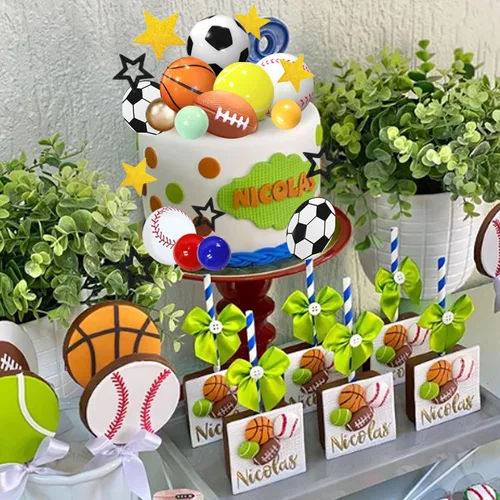Vista 7 de 37 piezas de decoración de pasteles deportivos con fútbol, fútbol, béisbol, baloncesto, tenis, golf, suministros de cumpleaños