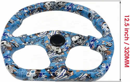 Vista 2 de Volante de carreras con patrón de graffiti, volante plano de Drifting Sim Drift Pc con botón de bocina