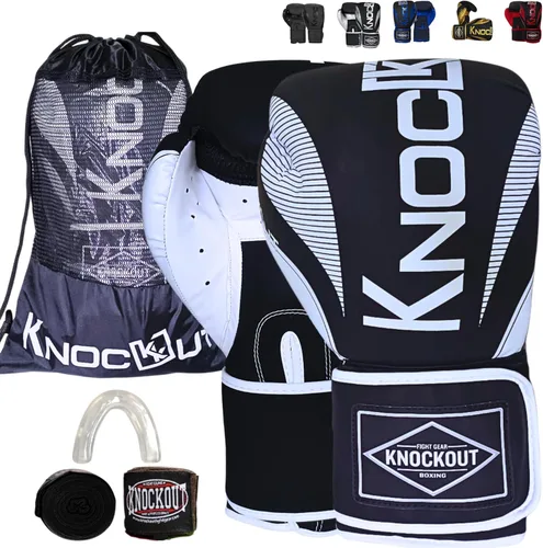 Vista 2 de Knockout Elite - Guantes de boxeo de 8 a 16 onzas para hombres y mujeres con envolturas y protector bucal, ideales para Muay Thai, kickboxing Negro