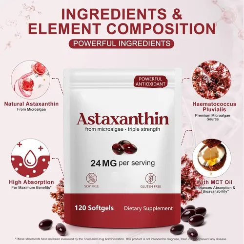 Vista 2 de FANSHI Astaxanthin 24mg Supplement, 120 Microalgae Liquid Softgels