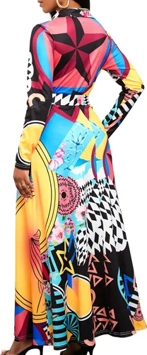 Vista 3 de Vestido maxi con estampado de manga larga con botones y cinturón para mujer