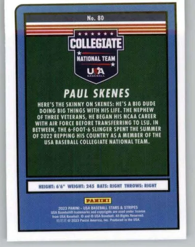 Vista 2 de Panini USA Stars and Stripes #80 Paul Skenes USA Baseball Collegiate National Team RC Novato Béisbol Tarjeta de intercambio de béisbol 2023