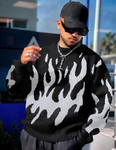 Vista 117 de ZAFUL Y2K - Suéter casual con estampado de llama estética para hombre, suéter de punto holgado, manga larga, cuello redondo