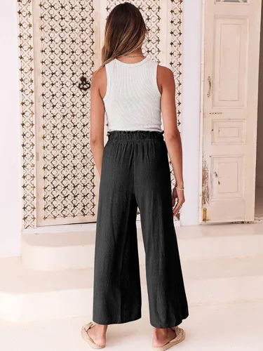 Vista 4 de ANRABESS Pantalones de lino para mujer, estilo casual, holgados, cintura alta, cordón de pierna ancha, pantalones capri palazzo con bolsillos