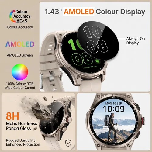 Vista 4 de SOUYIE Reloj inteligente GPS para hombres, pantalla AMOLED de 1.43 pulgadas Beige