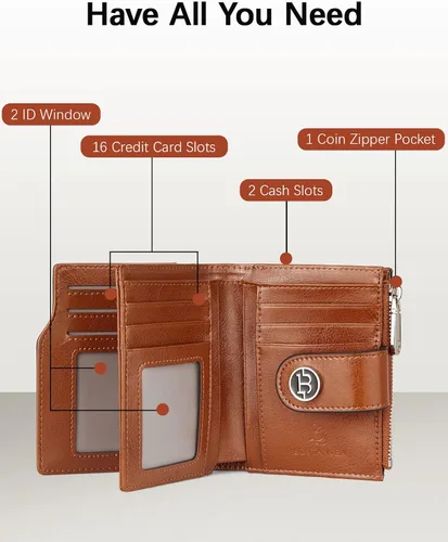 Vista 2 de BOSTANTEN Cartera de cuero para mujer, pequeña, con bloqueo RFID, bolsillo con cremallera, tarjetero con ventana de identificación, 1- marrón