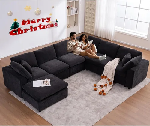 Vista 20 de Sofás modulares de nube seccionales para sala de estar, sofá modular grande con otomana, sofá de 3 plazas en forma de L con almohada, color beige