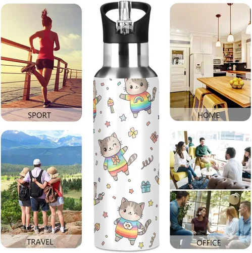 Vista 5 de Cute Cartoon Cats Rainbow Insulated Stainless Steel Water Bottle with Straw 20 Oz, BPA-Free Sports Water Bottle with Straw Leakproof Water Bottles