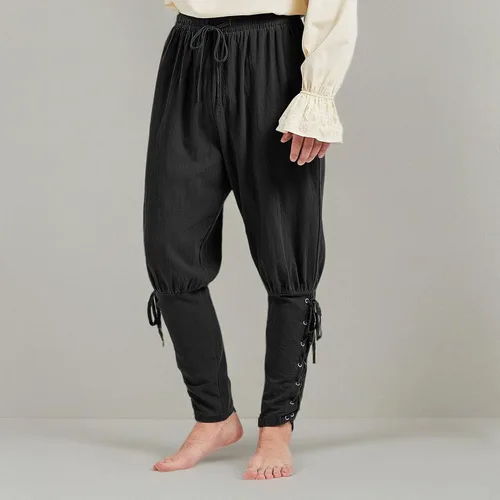 Vista 6 de Pantalones de pirata para hombre, pantalones renacentistas con bandas de tobillo, medievales, vikingos, navegantes, disfraz de pirata con cordones