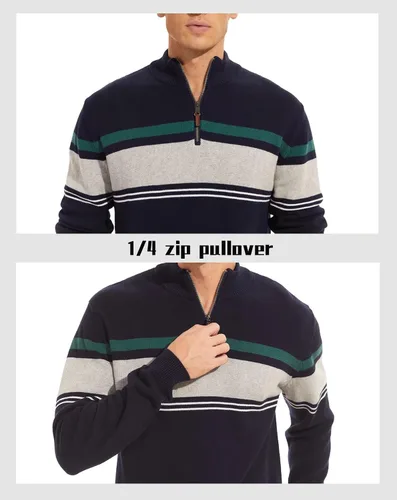 Vista 5 de MAGCOMSEN Suéteres para hombre con cremallera de 14, casuales, a rayas, suéteres tipo polo para otoño e invierno