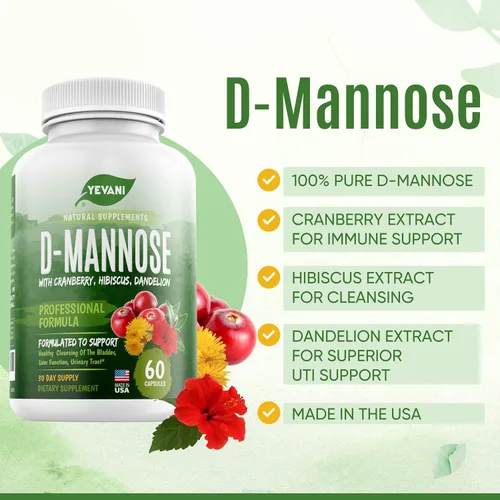 Vista 2 de Cápsulas de D-manosa 100% pura de 1000 mg con extracto de arándano, hibisco y diente de león, fórmula profesional de prevención de infecciones