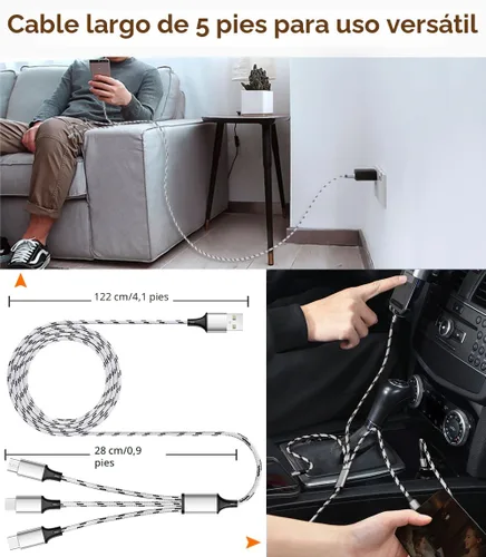 Vista 3 de Cable de carga múltiple, paquete de 3 cables de carga múltiple de nailon trenzado múltiple USB universal 3 en 1 adaptador de cable de carga