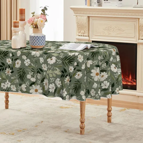 Vista 8 de Horaldaily Mantel de primavera rectangular de 52 x 70 pulgadas, estilo Shabby Chic estilo apagado, hojas de margarita verde grisáceo, lavable