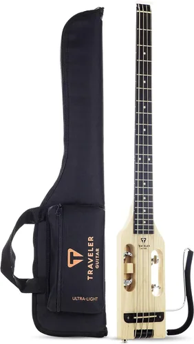 Vista 8 de Traveler Guitar Guitarra Bajo Ultra-Ligera Negro Brillante Guitarra de Bajo de Viaje Pequeña con Apoyo de Regazo Removible Guitarra Portátil sin