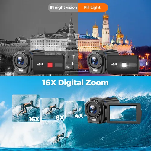Vista 9 de Videocámara de cámara de video 5K de 48 MP, cable de cámara de visión nocturna IR, pantalla táctil de rotación de 270 ° de 3.0 pulgadas, cámara