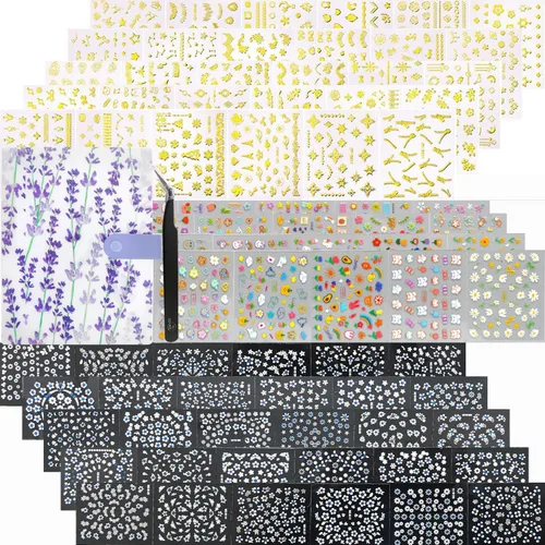 Vista 14 de 20 hojas de calcomanías de uñas 3D, diseño de oro/diamante, lujosas calcomanías de uñas autoadhesivas con relieve, calcomanías de uñas de flores