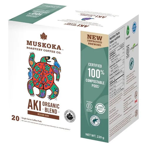 Vista 6 de Muskoka Roastery Coffee, mezcla orgánica Aki, tostado medio oscuro, 20 cápsulas de café de una sola porción, compatible con cafeteras K-Cup Keurig