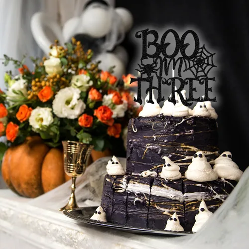 Vista 4 de Decoración negra con purpurina «I'm Three Cake Top», feliz 3er cumpleaños/Baby Boo, decoración de fiesta de baby shower con temática de Halloween