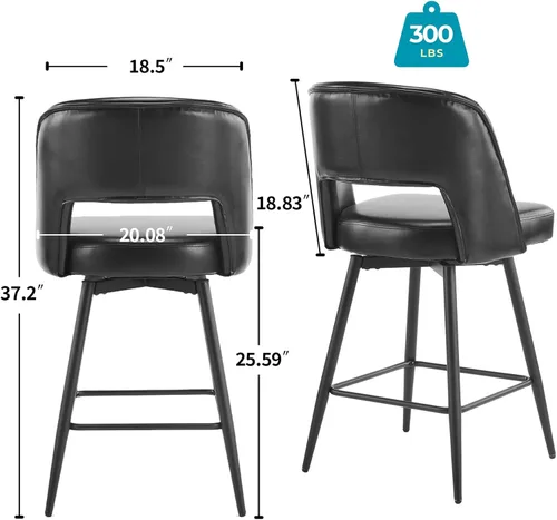 Vista 3 de Juego de 2 taburetes de bar modernos, taburetes de bar giratorios de poliuretano con respaldo abierto y patas de metal, sillas de bar tapizadas