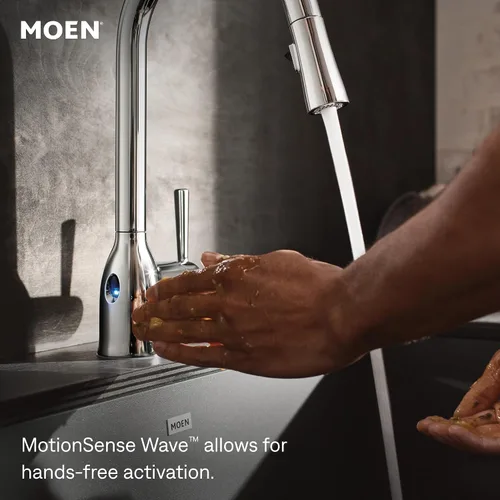 Vista 4 de Moen Arbor Chrome Motionsense Wave Touchless Grifo de cocina desplegable de una manija con limpieza eléctrica, 7594EWC