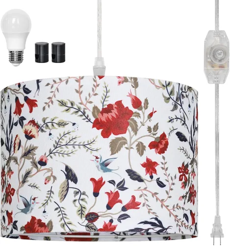Vista 9 de CINSARY Lámpara colgante con pantalla de tela de flores, luces colgantes para isla de cocina con interruptor regulable, lámpara colgante con cable