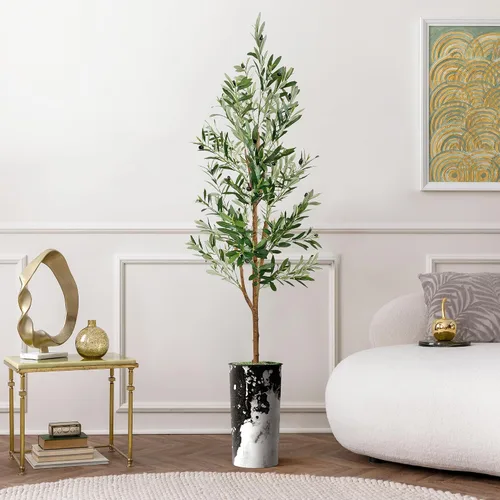 Vista 13 de Árbol artificial en macetero contemporáneo con efecto de granito, palmera tropical areca artificial de seda para decoración del hogar en interiores