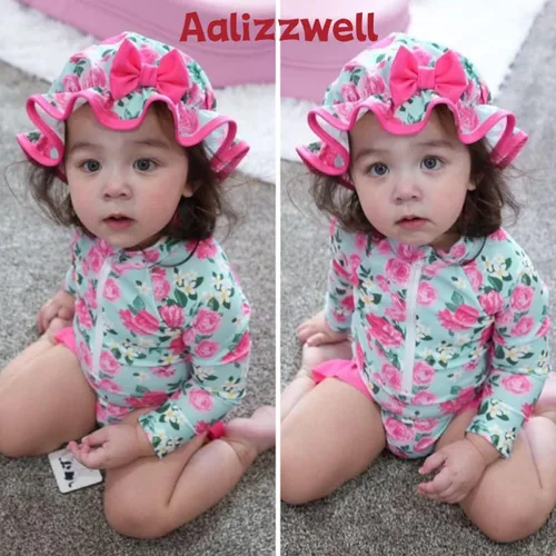 Vista 93 de Aalizzwell Traje de baño de una pieza de manga larga con sombrero para bebé niña