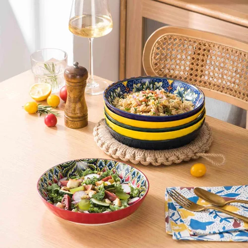 Vista 3 de Henten Home Juego de 6 cuencos de porcelana para pasta de 32 onzas, cuencos de cerámica para sopa, cereales, frutas, estilo bohemio, aptos