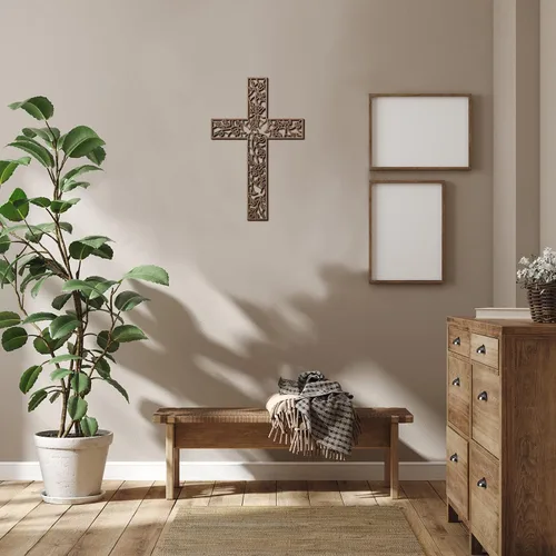 Vista 5 de Yookeer Cruz de madera para colgar en la pared, paloma religiosa, decoración de sala de estar, decoración rústica de madera para el hogar