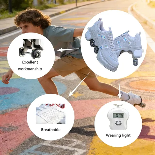 Vista 5 de 2 en 1 convertible Quad Roller Skate Shoes 4 ruedas Pop-Up Sneakers unisex para niños adultos Patines retráctiles 2 en 1 para niñas unisex