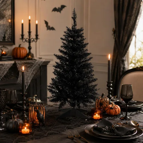 Vista 4 de Mini Árbol de Navidad de 3 pies artificial de escritorio para la decoración de Navidad y Halloween con 160 puntas de ramas, negro