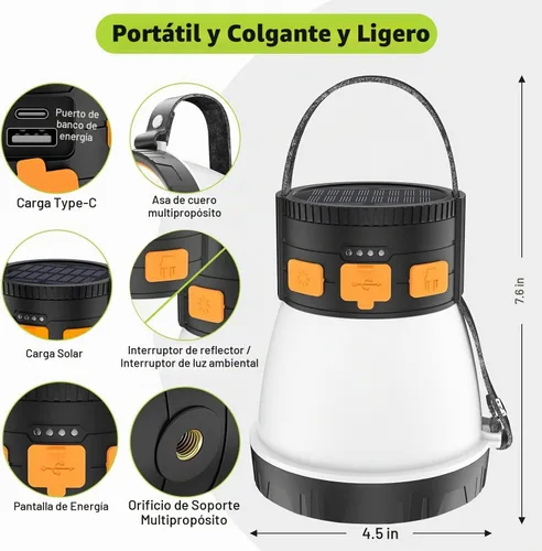 Vista 4 de Paquete de 2 linternas LED para campamento, 1500 lúmenes, linterna de campamento recargable con carga de panel solar, impermeable, 8 modos de luz