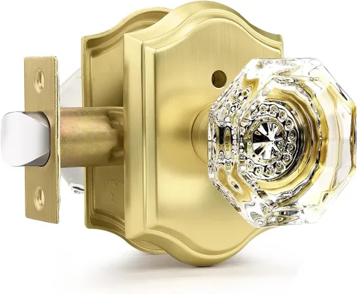 Vista 29 de Gobrico Juego de pomos de puerta de vidrio transparente para interiores, cerradura de puerta de cristal de diamante de privacidad en latón antiguo