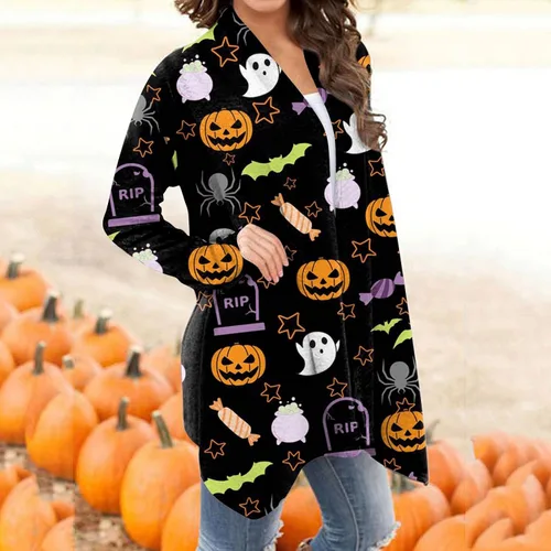 Vista 2 de Disfraces de Halloween para mujer, cárdigan de punto con estampado de calabaza, otoño, manga larga, suéteres de talla grande, abrigo para exteriores