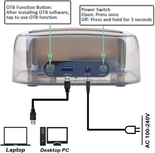 Vista 5 de TCC-S865 USB 3.0 a SATA IDE Dual Slots Externo Transparente Disco Duro Estación de Acoplamiento con Lector de Tarjetas y 2 Puertos USB 3.0 Hub