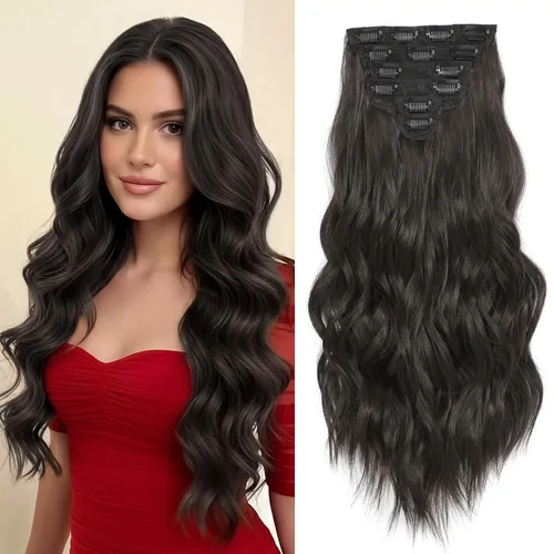 Vista 24 de Extensiones de cabello con clip para mujer, mezcla negra oscura con reflejos marrón claro, 20 pulgadas, 6 piezas, extensiones de cabello largo