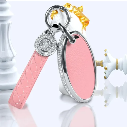 Vista 55 de Funda para llave inteligente con llavero, de piel auténtica color rosa, con cristales, carcasa protectora