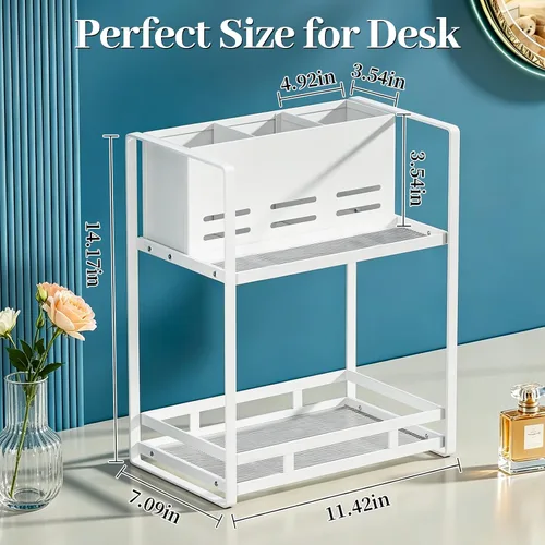 Vista 2 de SanDream Organizador de herramientas para el cabello, encimera de baño, organizador de baño de metal de 2 niveles con soporte para secador, estante