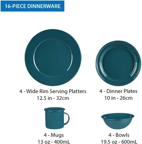 Vista 2 de Cinsa Juego de vajilla esmaltada de 16 piezas para 4. Incluye platos, cuencos, tazas, caldera de café