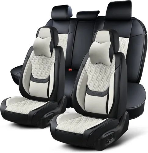 Vista 21 de Fundas de asiento delantero de automóvil, par de fundas de asiento delantero de cuero transpirable con reposacabezas, funda universal de asiento
