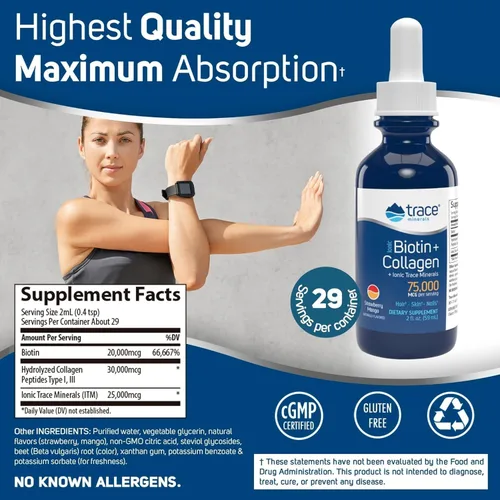 Vista 2 de Trace Minerals Biotina iónica líquida + colágeno 75,000mcg 2 oz Líquido