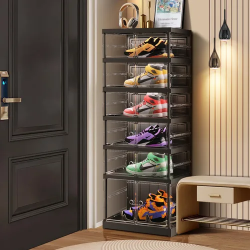 Vista 9 de CIMLORD Estante de zapatos plegable de 3 niveles para armario y entrada, 3-6 pares, cajas de almacenamiento de zapatos apilables transparentes