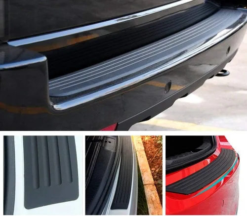 Vista 4 de iJDMTOY Protector de goma negra de silicona para el borde trasero del maletero con cinta de doble cara compatible con auto, camión, SUV, etc