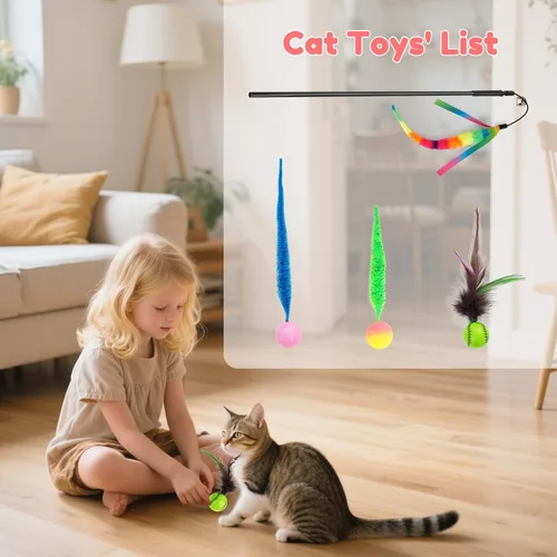 Vista 2 de SHENGSEN Juguete de varita de plumas para gatos, pelota inflable con cola para gatos, gusano mágico con juguete de bola grande y colorida