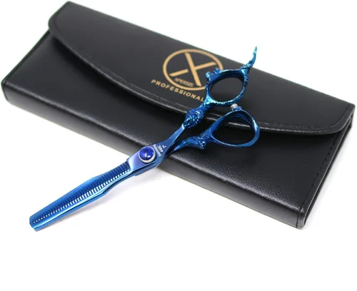 Vista 3 de PRO - Tijeras de peluquero afiladas con mango de dragón azul y tijeras de adelgazamiento, peso ligero, fabricado en Alemania, acero premium